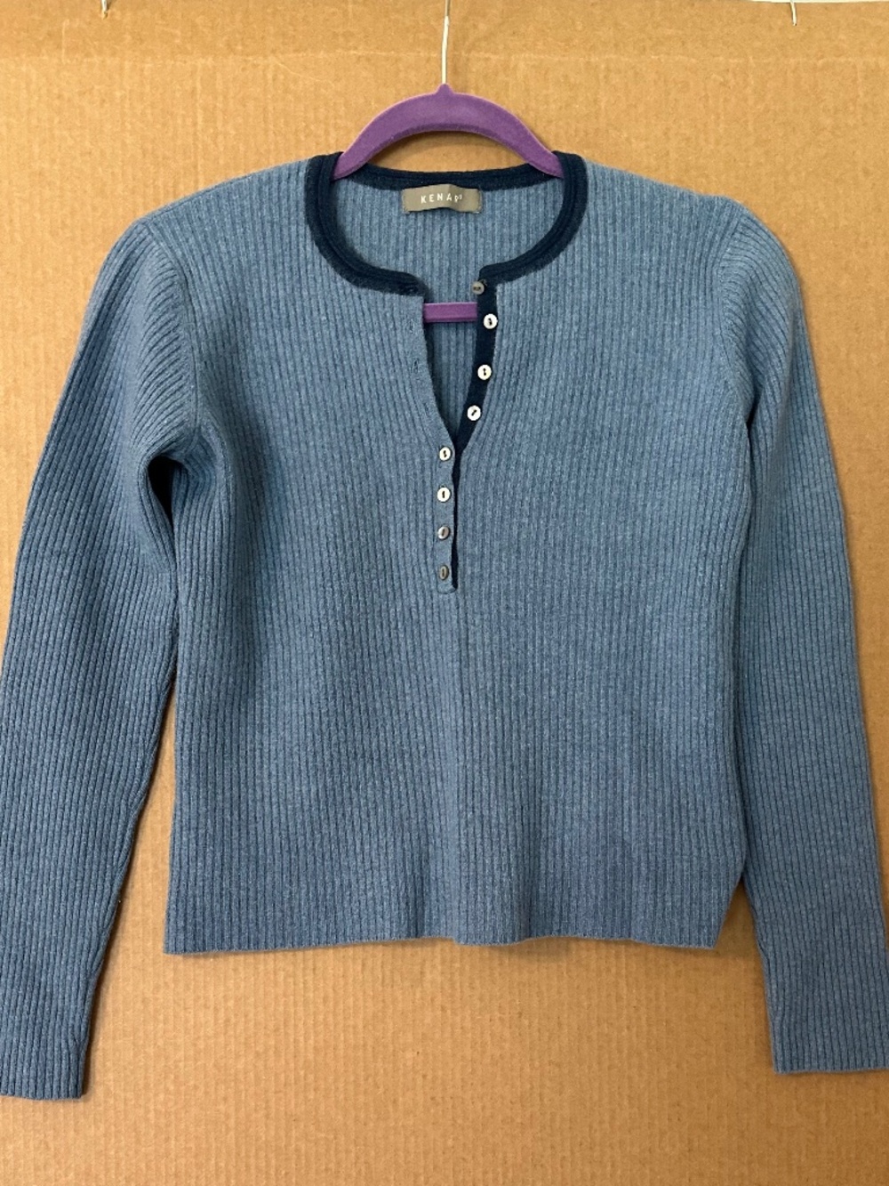 Vintage KENAR Blue Ribbed Knit Henley Top Long Sleeve Pearl Buttons Size S/M